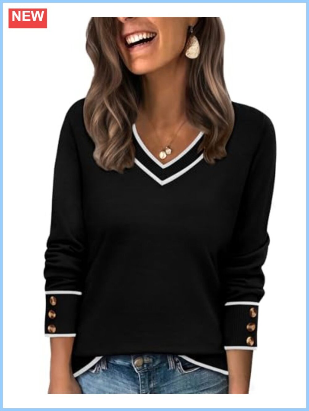 Women's Lightweight Knit Pullover Sweater V-Neck Long Sleeve with Decorative